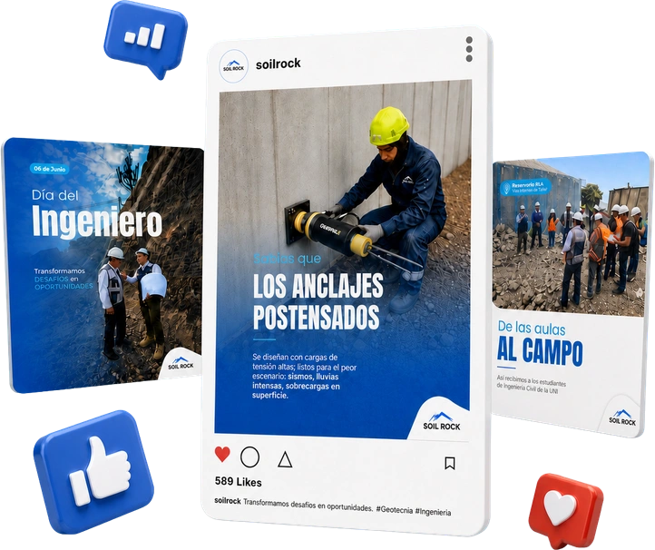 Publicaciones de redes sociales de Soil Rock para el sector de ingeniería.